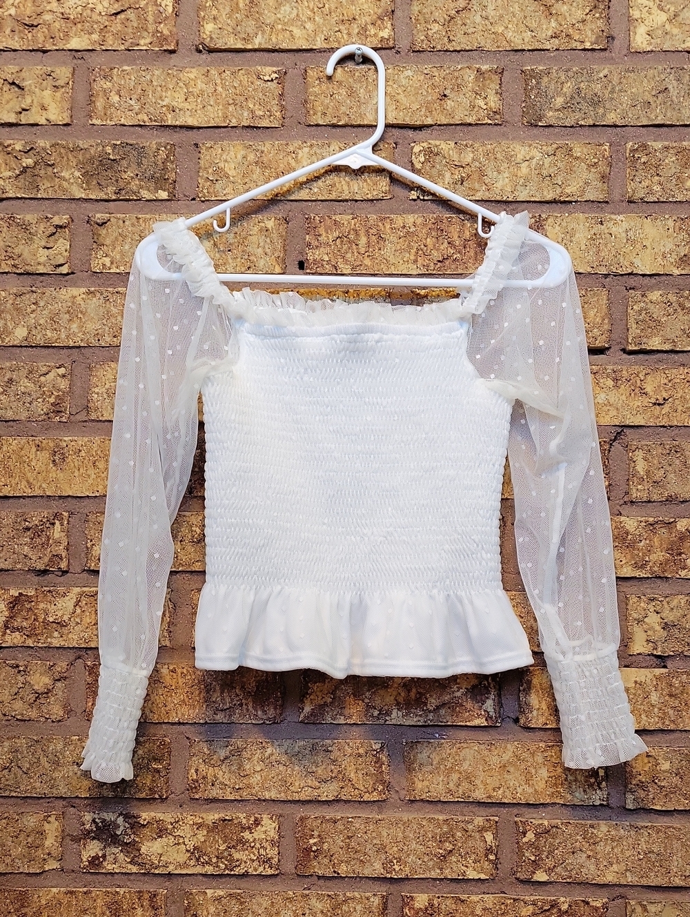Fashion on Earth White Smocked Peplum Top with Sheer Dot Sleeves Size Small